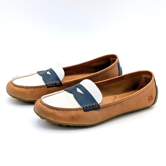 Born Malena Leather Driving Loafers Womens 7.5 Tan White Blue Chic Coastal Prep - Picture 1 of 10